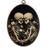 QZQE Vintage Romantic Couple Skeleton Oval Wall Art Decor Framed, Dark Academia Floral Skull Oval Canvas Prints, Gothic Skeleton Wall Hanging Decor for Home Bedroom Living Room, 8.6x11.4 Inch