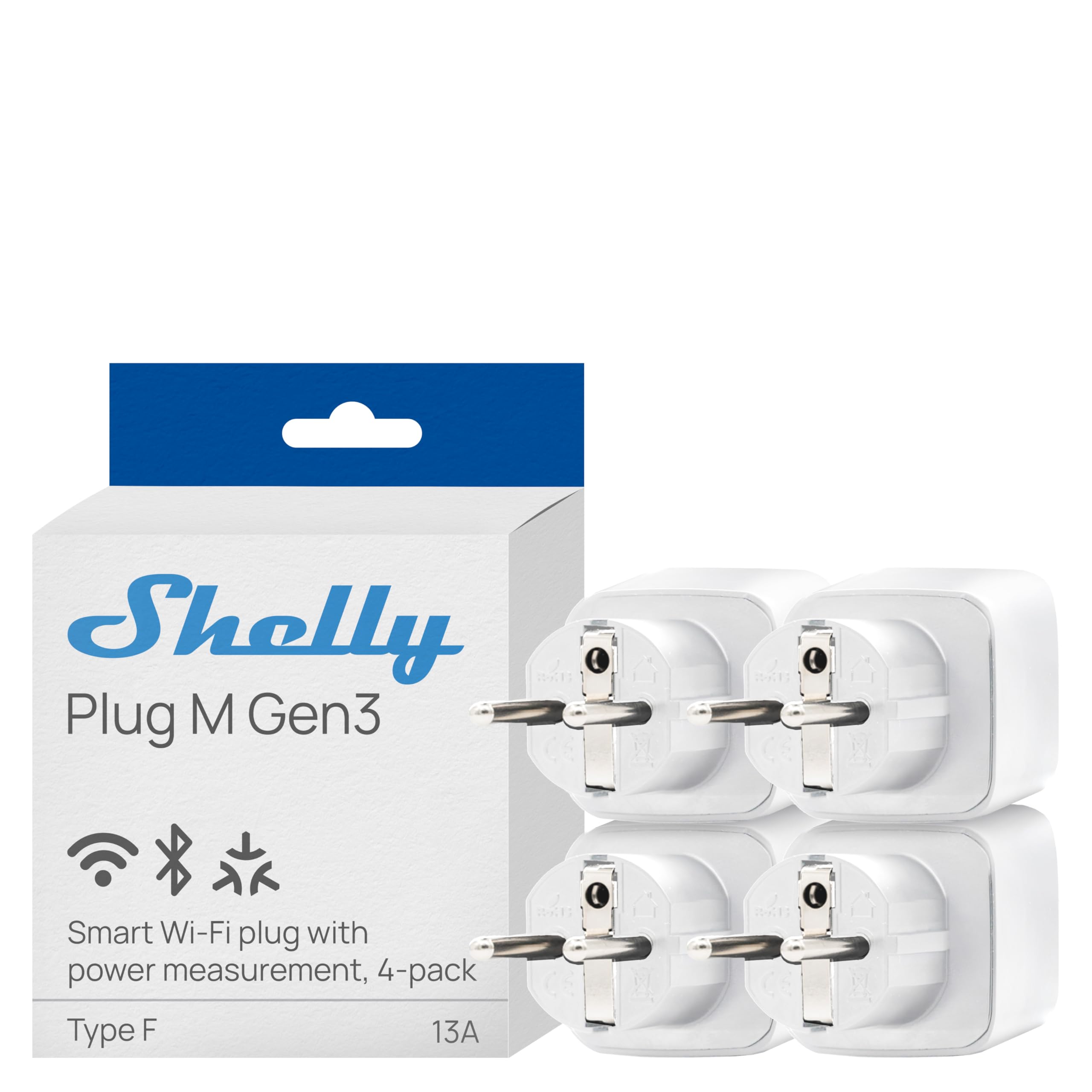 Shelly Plug M Gen3 Weiß - WLAN & Matter Smarte Steckdose, Leistungsmessung, 13A, 3000W, Zeitschaltuhr, Stecker, Smart Home Stecker, Alexa & Google, Apple HomeKit, Kein Hub Erforderlich (4 Stück)