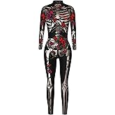 FEOYA Skeleton Jumpsuit for Women Halloween Costume Long Sleeve Skinny Catsuit 3D Print Skull Bodysuit Bone Cosplay Outfit