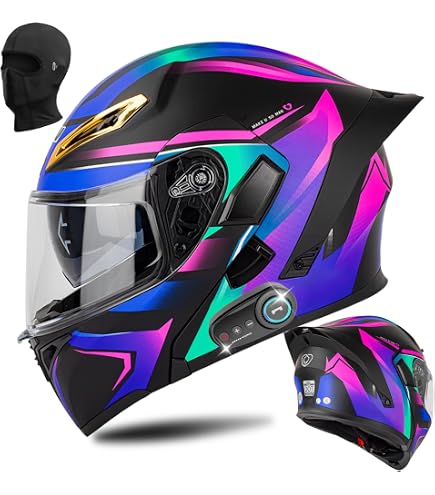 Bluetooth Modular Motorcycle Helmet, Bluetooth Support 2 People intercom, Full Face Integrated Helmet Flip Up Helmet with Inner Sun Visor Double Lens DOT Approved, Men Women S~XL : Automotive