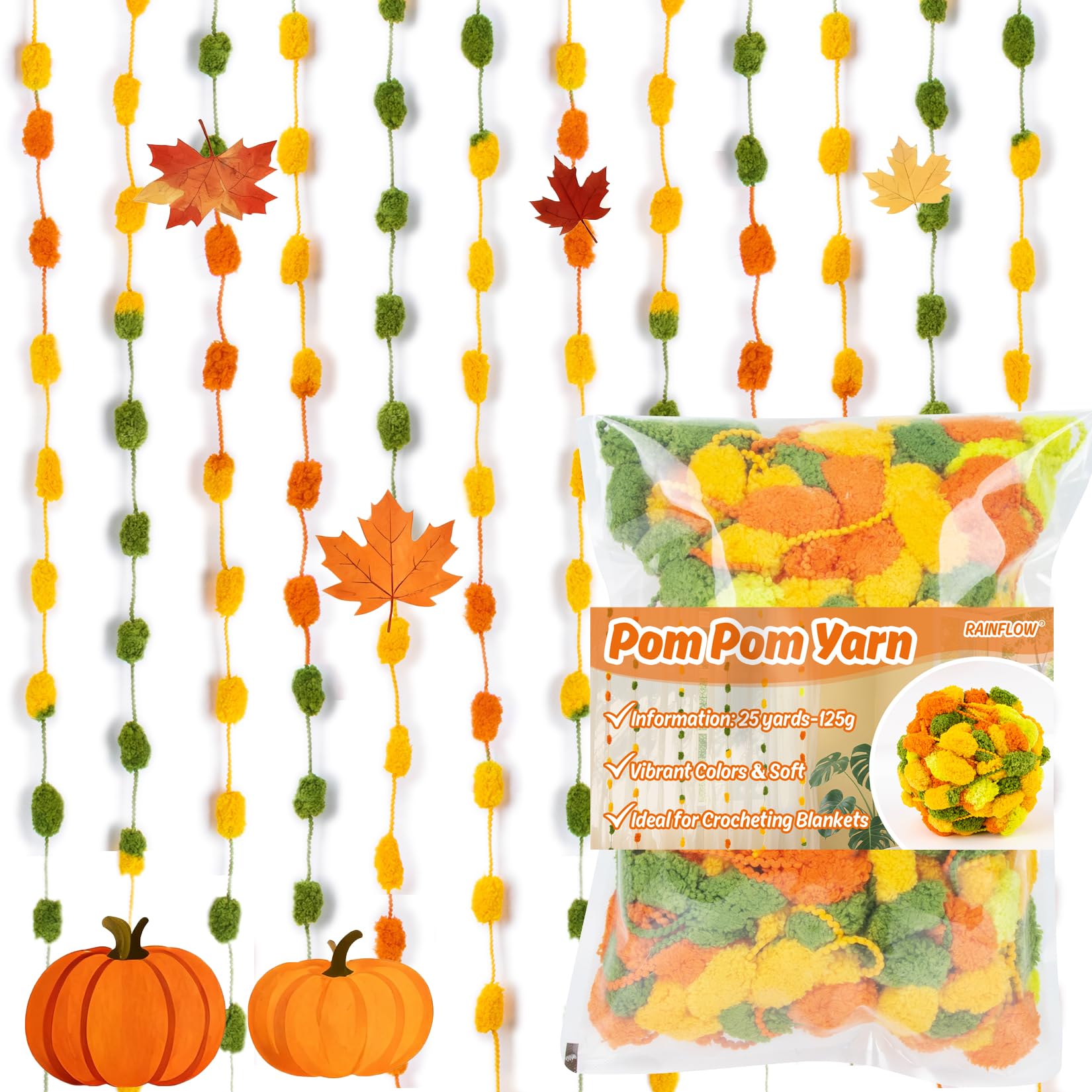 Photo 1 of  3 PACK RAINFLOW Thanksgiving Pomp-A-Doodle Yarn for Crochet Knitting - 25 Yards Soft Polyester POM-POM Ball Yarn for Beginners, Multicolor Crochet Yarns for Crocheting Blanket Scarve Cushion Pet Nest