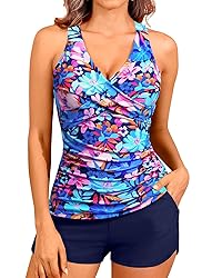 Women Blue Multicolor Tankini Swimsuits with Shorts