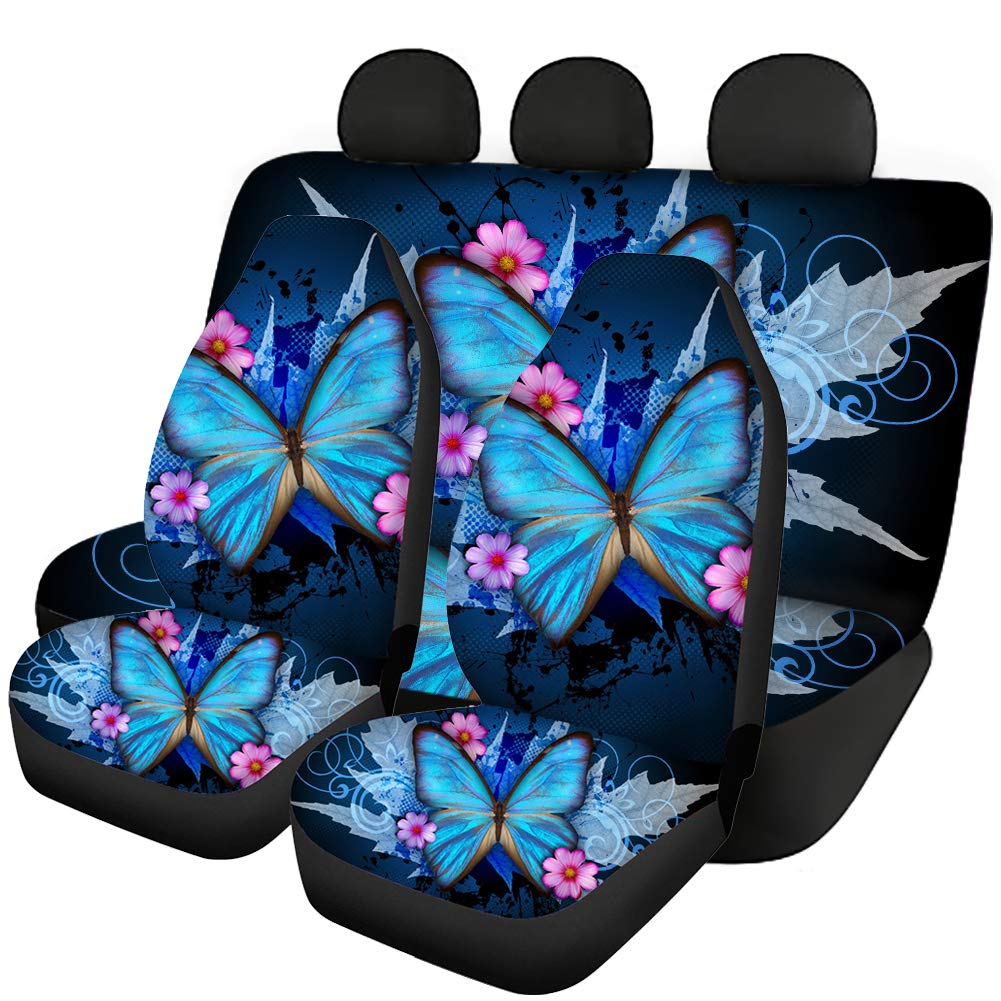 Pizding Universal Seat Covers for Car Seats,Full Sets Include Front Bucket Seat Cover and Rear Split Bench Protection Vintage Butterfly Maple Leaf Flower Suit for All Seasons Use Blue
