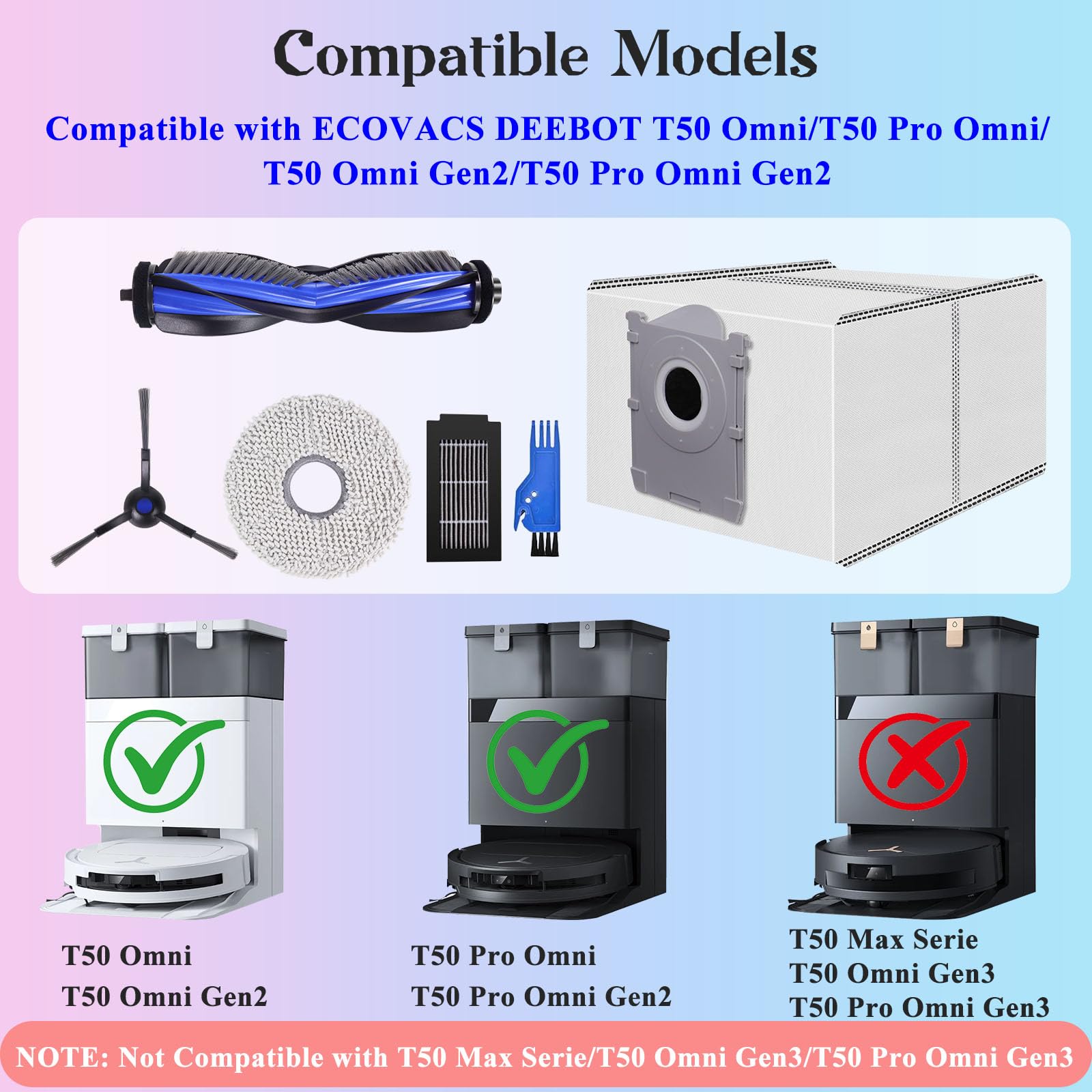 VIEWALL T50 Zubehör für Ecovacs Deebot T50 Pro Omni/T50 Omni/T50 Pro Omni Gen2/T50 Omni Gen2 Staubsauger,1 Hauptbürste, 4 Wischtücher,4 Seitenbürsten,4 HEPA-Filter,6 Staubbeutel,1 Reinigungswerkzeug 2