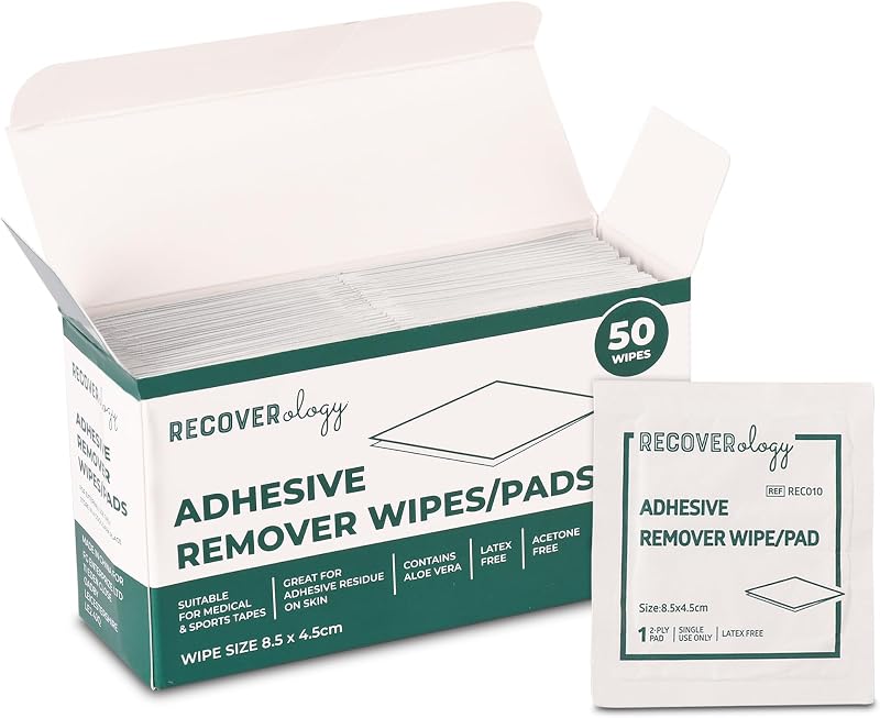 Recoverology Adhesive Remover Wipes Pack of 50 Aloe Free Acetone