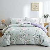 BOLINLIVING Floral Duvet Cover Queen Size 3 Pieces, Flower Duvet Cover with 2 Pillow Shams, Soft Floral Bedding Set Sage Green and Purple for All Season, Breathable, Zipper Closure