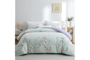 BOLINLIVING Duvet Cover Twin Size, Flower Kids Duvet Cover with Pillow Shams, Soft Floral Bedding Set Sage Green and Purple for All Season, Breathable, Zipper Closure…