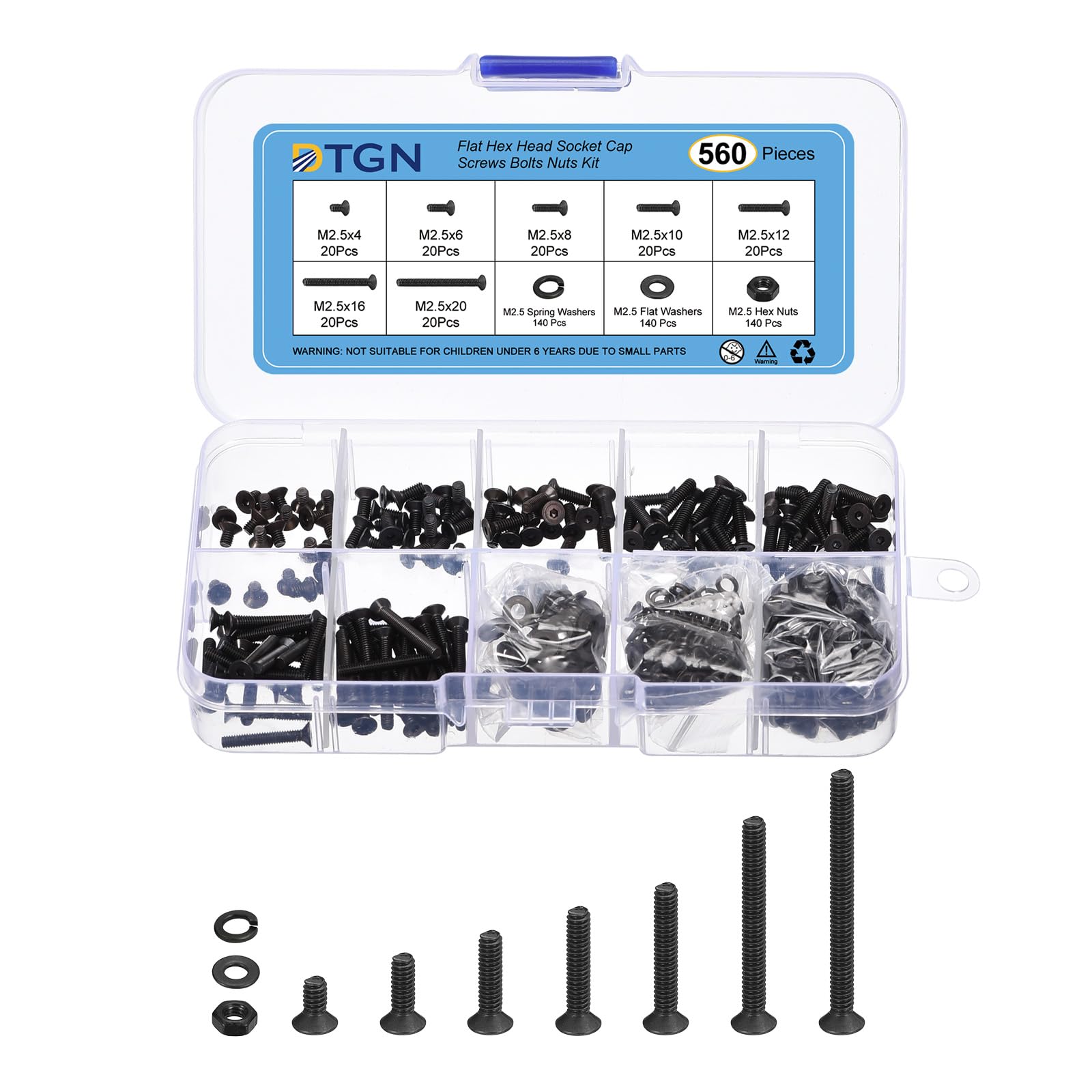 DTGN 560Pcs M2.5 x 4mm /6mm /8m /10mm /12mm /16mm /20mm Flat Head Hex Socket Cap Screws Bolts Nuts Washers Kit, Carbon Steel Black Oxide, Full Thread, Countersunk Bolts