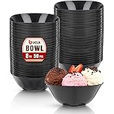 bUCLA 50Pack Black Plastic Small Bowls - 8oz Disposable Ice Cream/Salsa/Dipping/Dessert/Sauce/Candy/Small Serving Bowls for Party & New Year