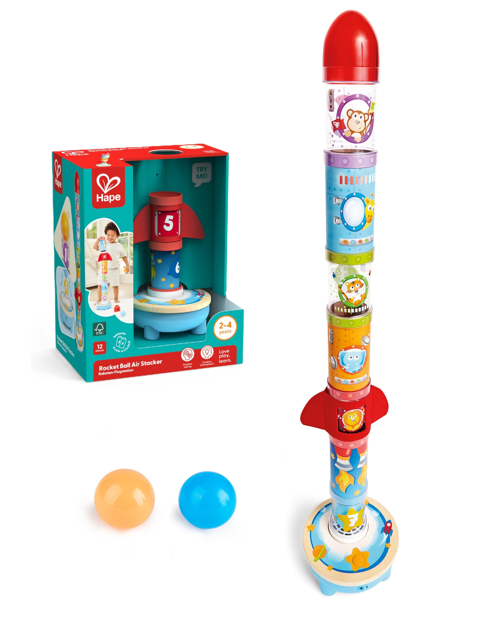 Hape Rocket Ball Air Stacker | Toy Air-Powered Ball Launcher Playset for Toddlers with Fan | 24 Months and Up