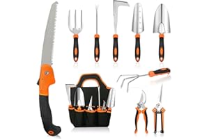MQHUAYU Gardening Tools 10 Pcs, Stainless Steel Heavy Duty Garden Tool Set with Non-Slip Rubber Hand Grip, Gardening Tool Set with Tote Bag for Gift, Women, Men