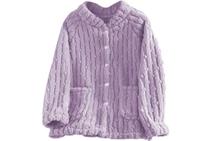 Oplxuo Women Plush Pajama Tops Button Down Sleepwear Fuzzy Fleece Jacket Long Sleeve Soft Warm Winter Coat with Pockets