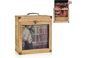 YIYYZI Vinyl Record Storage, Solid Wood Vinyl Record Box with Display Window Fits Standard Records- 7/10 Inch, (Upgrade Latch) Record Storage Case Hold 30-35 Records (Carbonized Brown)
