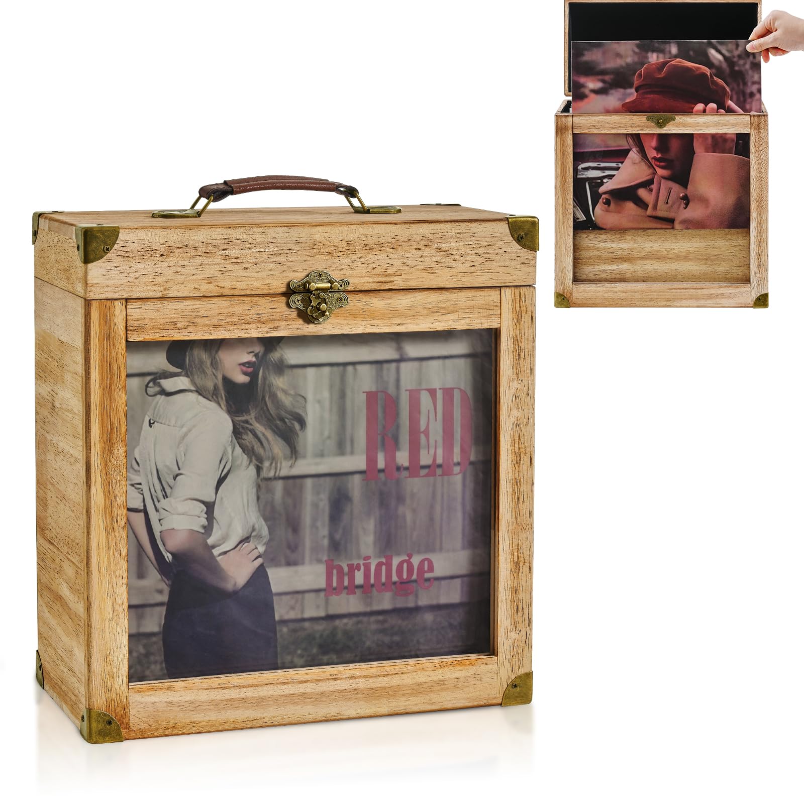 Photo 1 of YIYYZI Vinyl Record Storage, Solid Wood Vinyl Record Box with Display Window Fits Standard Records- 7/10 Inch, (Upgrade Latch) Record Storage Case Hold 30-35 Records (Carbonized Brown)