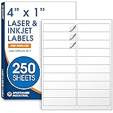 4" X 1" Matte White Printable Labels Compatible with Inkjet and Laser Printers - 250 Sheets, 5000 Total Paper Stickers for Addresses, Mailing, and Barcodes - Spartan Industrial Template R017
