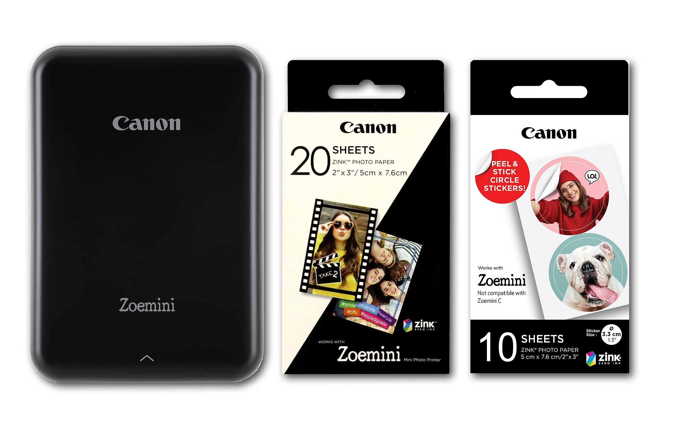 Canon Zoemini Instant Mini Photo Printer (Black) + pack of 20 sheets + pack of 10 circle stickers