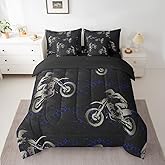 jejeloiu Dirt Bike Comforter Set with Sheets Twin Size Racing Motocross Bed in a Bag for Boys Girls Teens Motorbike 7 Pieces Bedding Set Extreme Sports Bed Set Room Decor Blue Black
