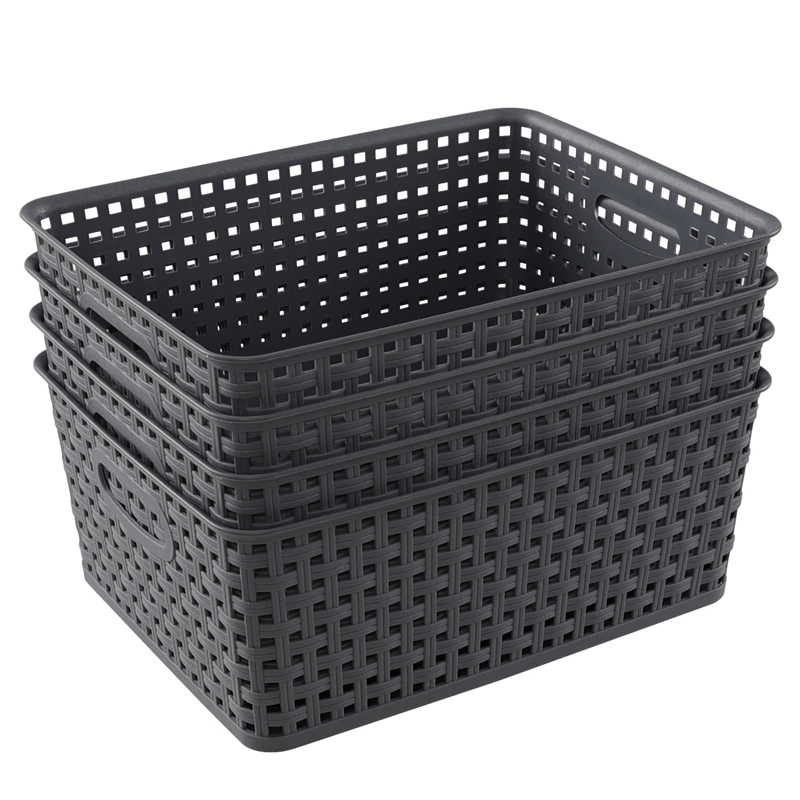 Dynko 8 L Woven Basket Box, Grey Plastic Storage Baskets Set of 4