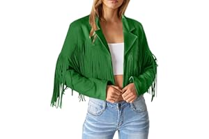 DGZTWLL Women's Fringe Faux Suede Leather Jackets, 2023 Fall Winter Long Sleeve Lapel Fashion Tassel Motorcycle Cropped Coats