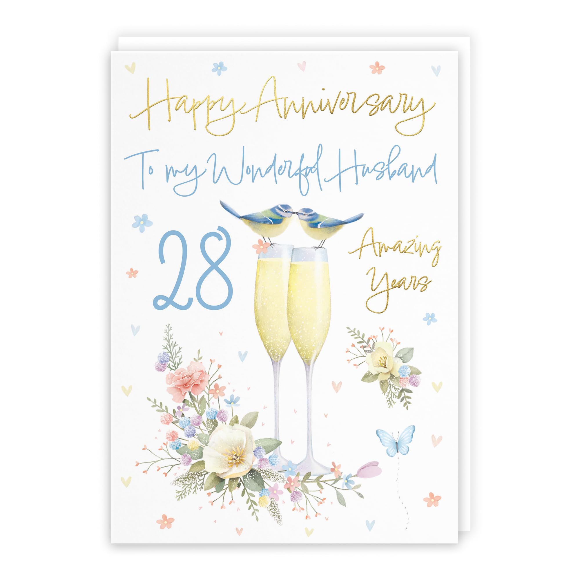 Hunts England - Husband 28th Anniversary Card - A5 Size - Champagne Flutes - Gold Foil - 28th Anniversary Card For Husband - 28 Years - 28th Anniversary - Milo's Gallery