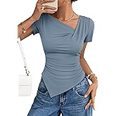ZESICA Asymmetrical Short Sleeve Shirts for Women 2026 Summer Going Out Tops Ruched Outfits Fashion Y2K Clothes