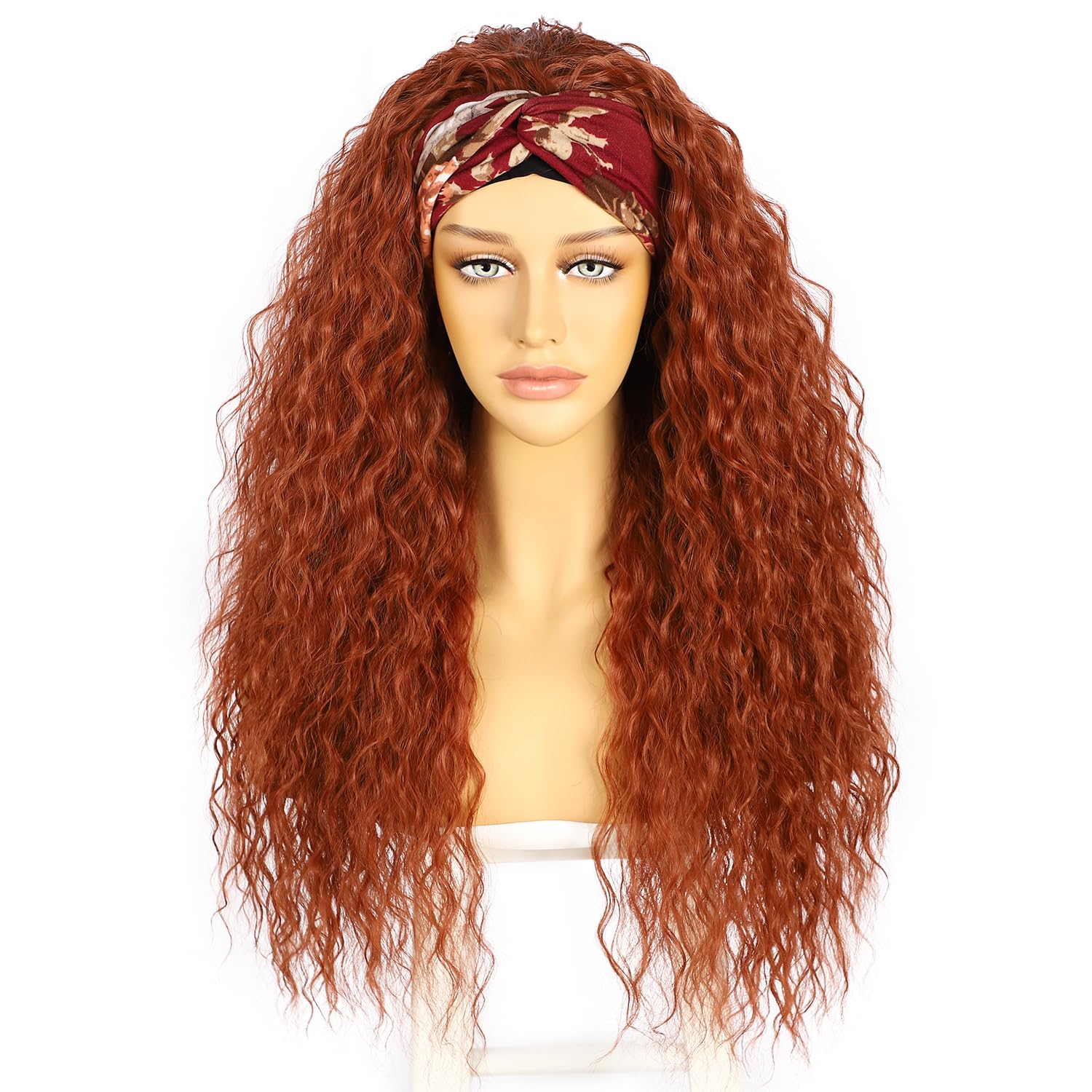 Sapphirewigs Brick Red Curly Headband Wig Synthetic Hair Loose Water Wave Headband Wigs for Women Glueless 150% Density 26 inch — image 1