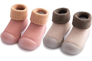 HOVELL 2 Pairs Baby Sock Shoes Toddler Warm Fuzzy Thick First Walking Shoes Baby Boys Girls Slip-on Slippers Soft Rubber Sole Sneakers