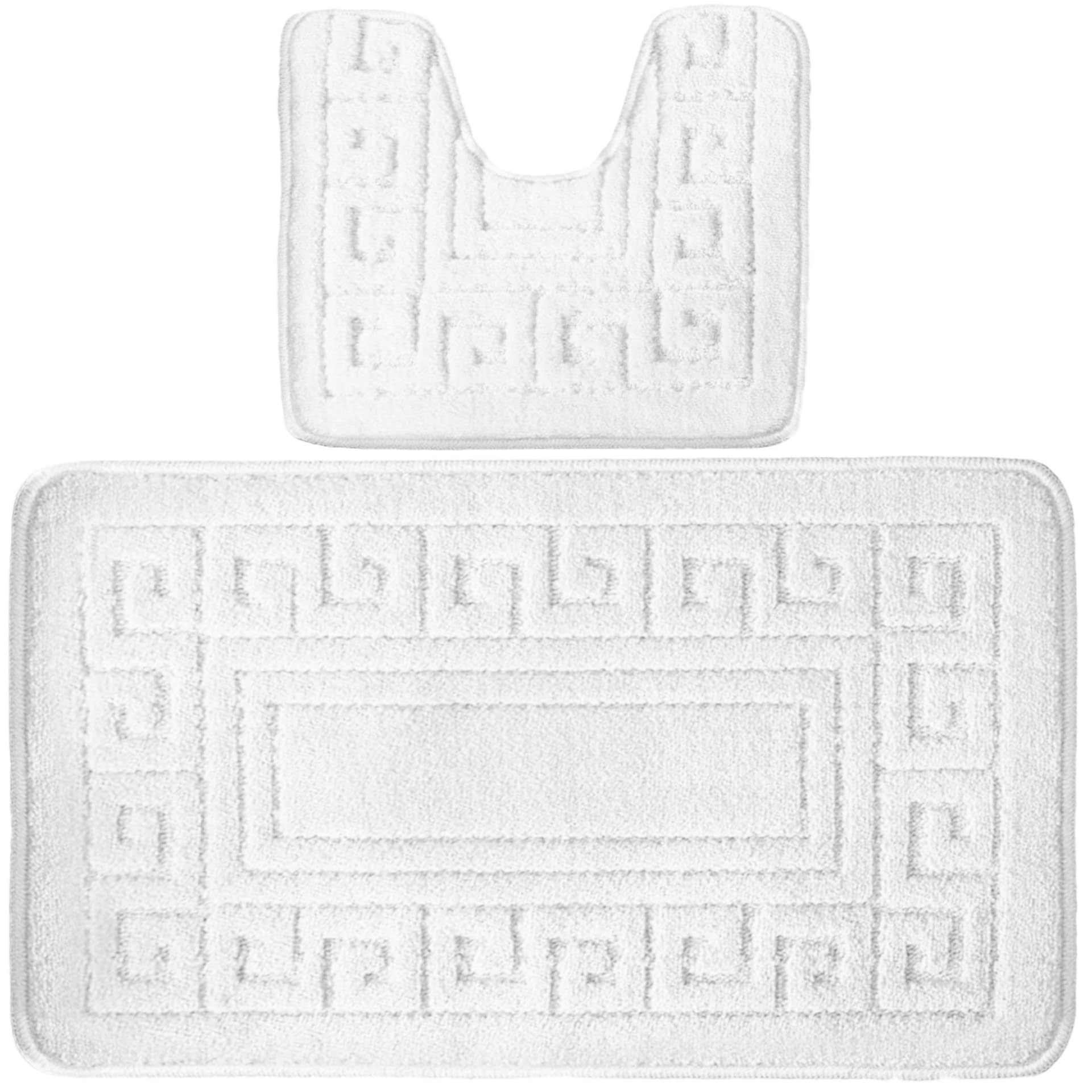 4All Bath Mat Sets 2 Piece Washable 50x80cm – Greek Pattern Toilet Mat and Pedestal Mat Set, Soft and Quick-Dry with Non-Slip Backing, Machine Washable and Moisture-Resistant (White)