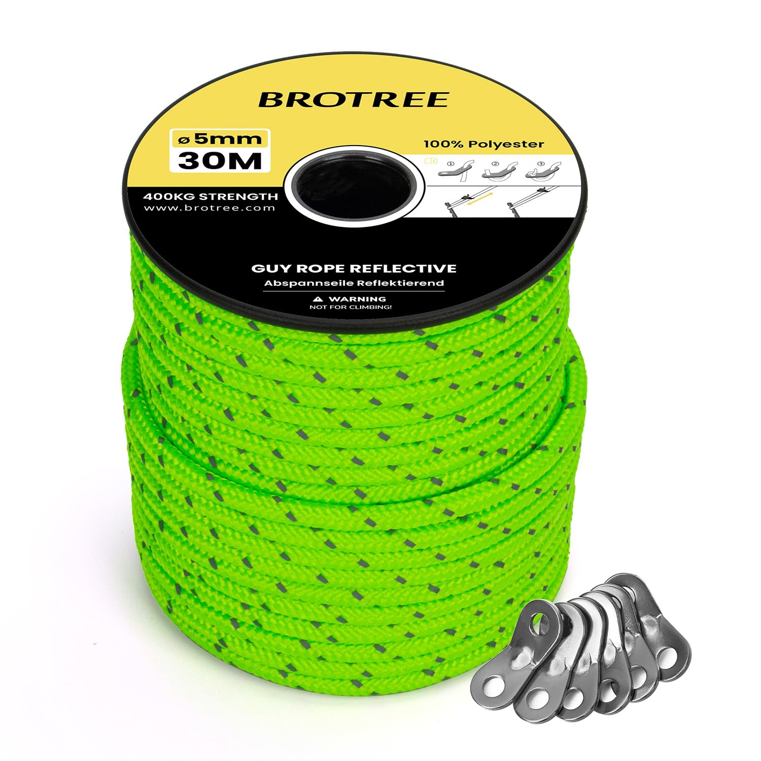 BROTREE Tent Guy Rope 5mm 30m Reflective Guy Line Heavy Duty Guide Rope with 6Pcs Aluminum Tensioners for Tent Gazebo Awning Camping (Neon Green)
