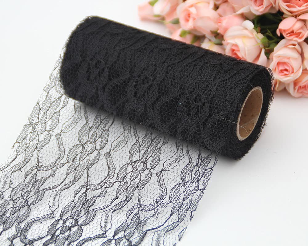Duories Lace Table Runner - 15cm x 22m - Black - Cotton Lace - Rustic Pattern - Wedding & Baby Shower Decoration