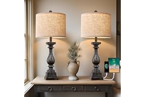 BOBOMOMO 27" Farmhouse Table Lamp Set of 2 with USB A+C for Bedroom Living Room Vintage Rustic Traditional Nightstand Bedside Lamps Retro Side Table Lamps (Black)