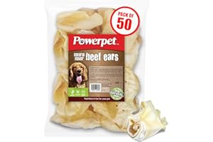 Powerpet Beef Ears for Dogs - Premium Quality Treats, Low Fat, High Protein, Long-Lasting Chews - Easy Digestion- Healthy & Clean Teeth & Gums - for All Breed Size- 100% Natural Cow Flavor, Pack of 50