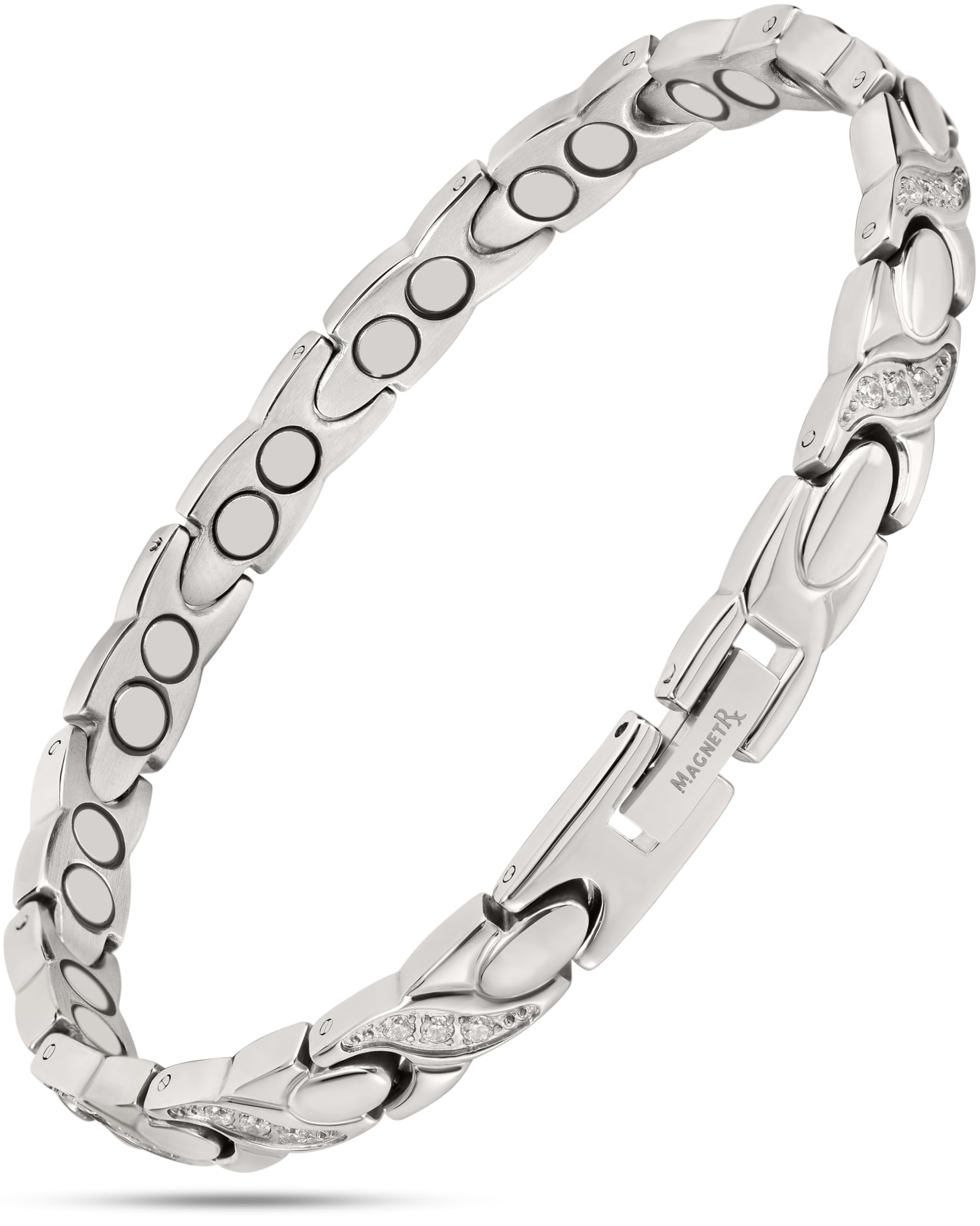 MagnetRX® Ultra Strength Magnetic Bracelets for Women – Double Magnet Stainless Steel Crystal Bracelet for Women – Adjustable Bracelet Length with Sizing Tool (Silver)