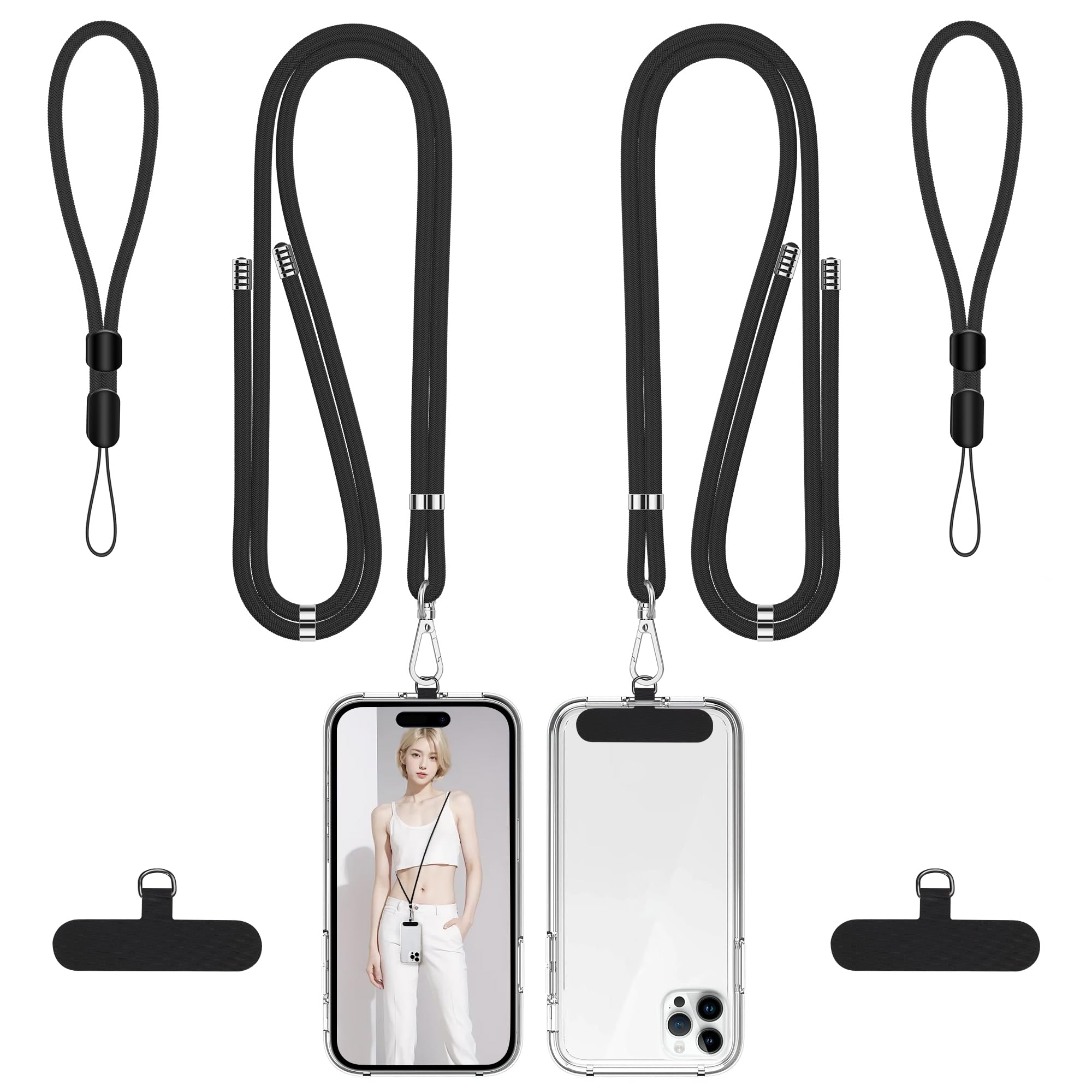 Photo 1 of takyu Phone Lanyard, 2 Pack Soft Nylon Neck Strap Universal Cell Phone Lanyard and 2 Pack Phone Wrist Strap with Durable Pads for Most Smartphones-Black