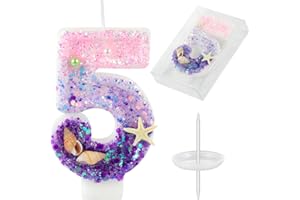 AKURIEEY Birthday Candles, Pink and Purple Number 5 Candles Decorated with Conchs Starfish and Pearls for Mermaid Theme Party Cake Topper Supplies (Number 5)