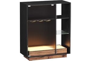 VASAGLE Wine Bar Cabinet with Lights, LED Sideboard Cabinet with Wine Storage, Coffee Bar Cabinet for Liquor, with Glass Holder, Reeded Glass Door, for Living Room, Ebony Black UBBK361B01V1