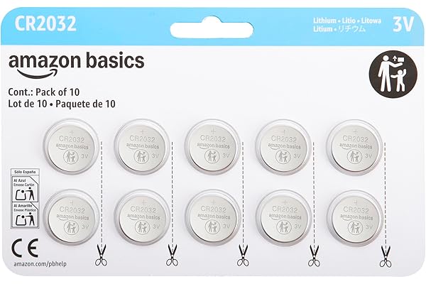 Amazon Basics CR2032 Lithium Batteries, 10-Pack, Child-Proof Package, Non-Coated - AirTag Compatible