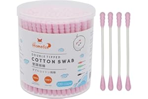 HOMEFOX Pink Cotton Swabs Spiral - 200 Count Organic Cotton Buds Double Side Tightly Wrapped Cotton Tips Paper Stick Soft Gentle Lint-Free Cruelty-Free, Round & Spiral (Pink)