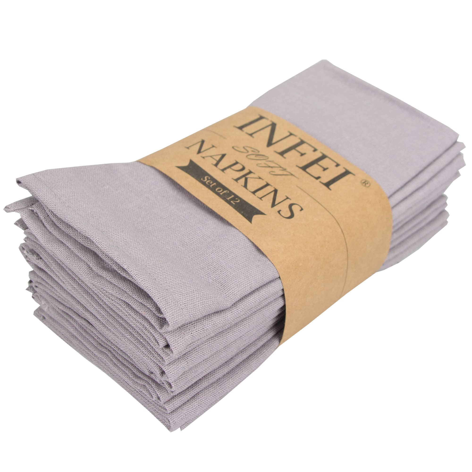 INFEI Soft Solid Color Cotton Linen Blended Dinner Cloth Napkins - Set of 12 (40 x 40 cm) - For Events & Home Use (Grey)