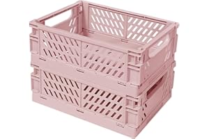 TOBESO-NUOZE Small Pastel Plastic Storage Bins 2Pcs Foldable Pastel Crates Plastic Basket Colorful Storage Containers Baskets for Classroom Kitchen Office Bedroom Desktop Home Decor (Pink 9.8" x 6.5" x 3.8")