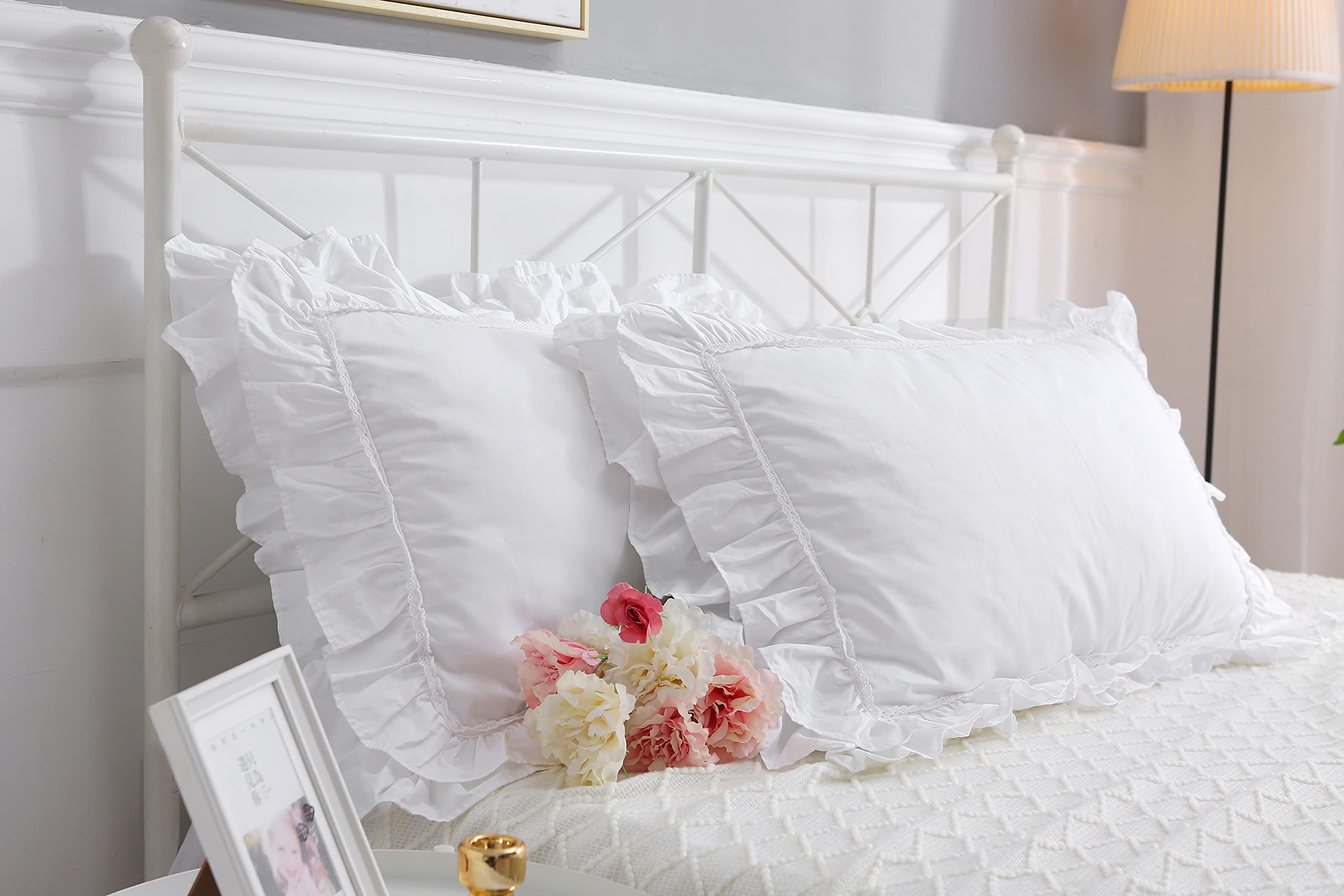Photo 1 of 2-Pack Bright White Pillow Shams Pillowcases with Ruffles Cotton King Size 20"X36"