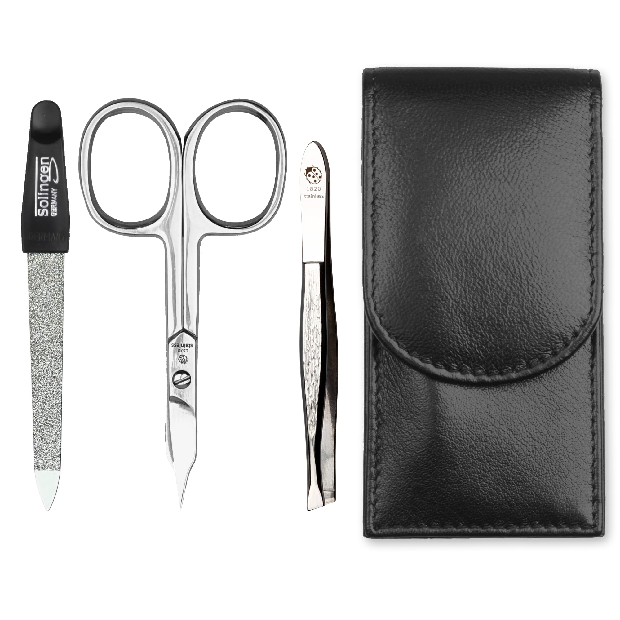 SONNENSCHEIN by Hans Kniebes - Manicure Set 3 Pieces - Nail Scissors, Nail File and Tweezers - Pocket Manicure Nail Care Set - Nappa Lambskin Manicure Case (Black)