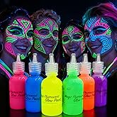 [6 Bottles, 1 oz. Each] Body Paint Glow Blacklight Reactive Neon Fluorescent Paint - Safe For Skin - Washable - Non-Toxic - Six Colors Kit
