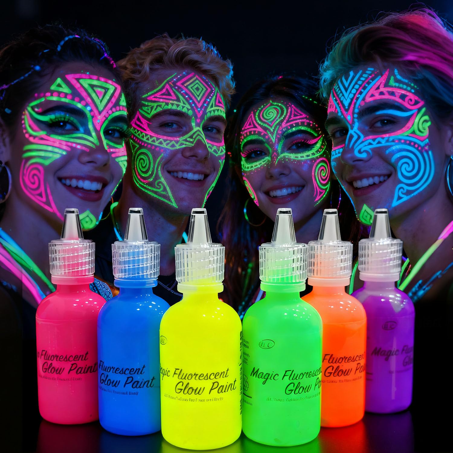 Photo 1 of [6 Bottles, 1 oz. Each] Body Paint Glow Blacklight Reactive Neon Fluorescent Paint - Safe For Skin - Washable - Non-Toxic - Six Colors Kit