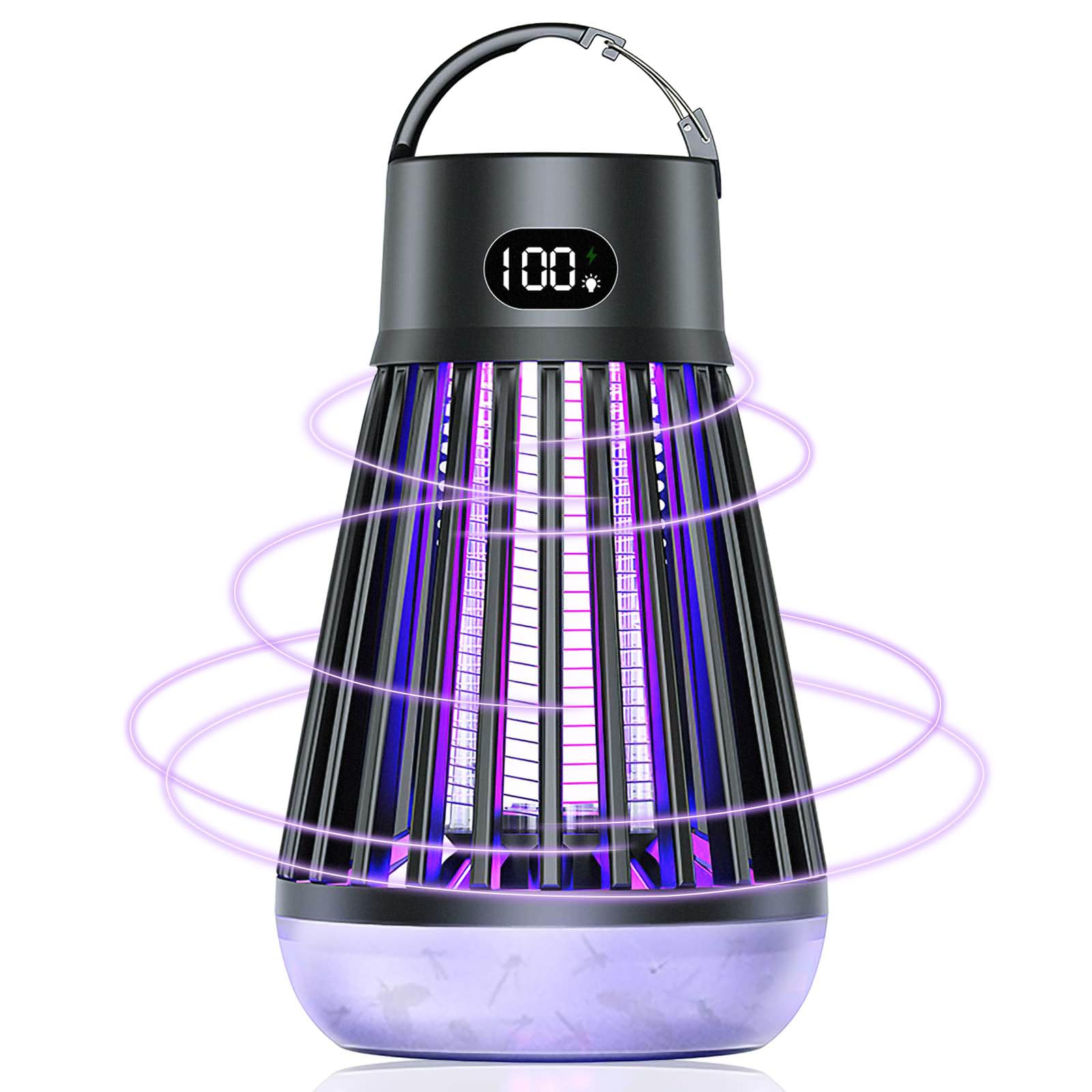 電撃殺虫器 コバエ取り 蚊取り器 【照明&殺虫両用】UV光源誘引式 360°虫除け ヤクザイ不要 殺虫灯 2way 吊り下げ式&据え置き式両用 捕虫器 静音 防水 USB充電式 液晶ディスプレイ 蚊対策 虫対策 害虫退治 ハエ退治 玄関/寝室/アウトドア兼用 (ブラック)