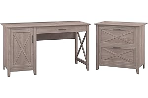 Bush Furniture Key West 54W Computer Desk with Storage and 2 Drawer Lateral File Cabinet in Washed Gray