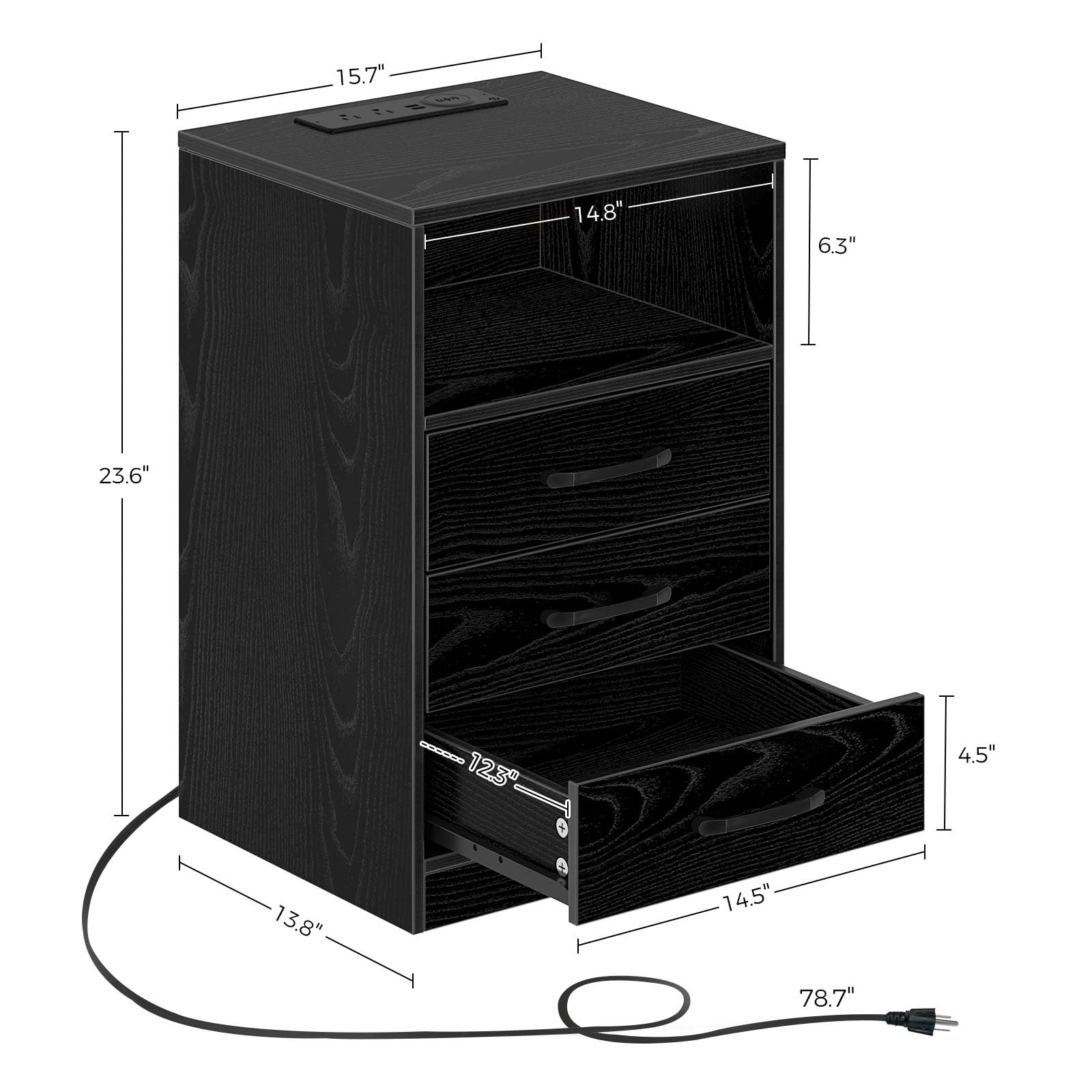 Seventable Nightstand with Wireless Charging Station and LED Lights, Modern End Side Table with 3 Drawers and Open Compartment for Bedroom, Black