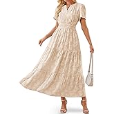 Women's Summer Maxi Boho Floral Dresses Wedding Guest Casual V Neck Short Sleeve Flowy Semi Formal Long A Line Dress Pockets