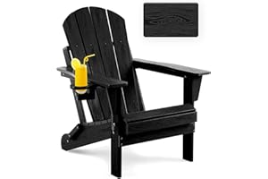 Serique Folding Adirondack Chair Wood Texture, Patio Chair Weather Resistant, Outdoor Chair, Lawn Chair with Cup Holder, Fire Pit Chair for Deck, Outdoor, Porch, Backyard, Garden (Black)
