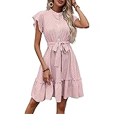 Womens Summer Dresses Polka Dot High Neck Ruffle Sleeve Belted Flowy Casual Cute Mini Dress for Women 2025 Vacation